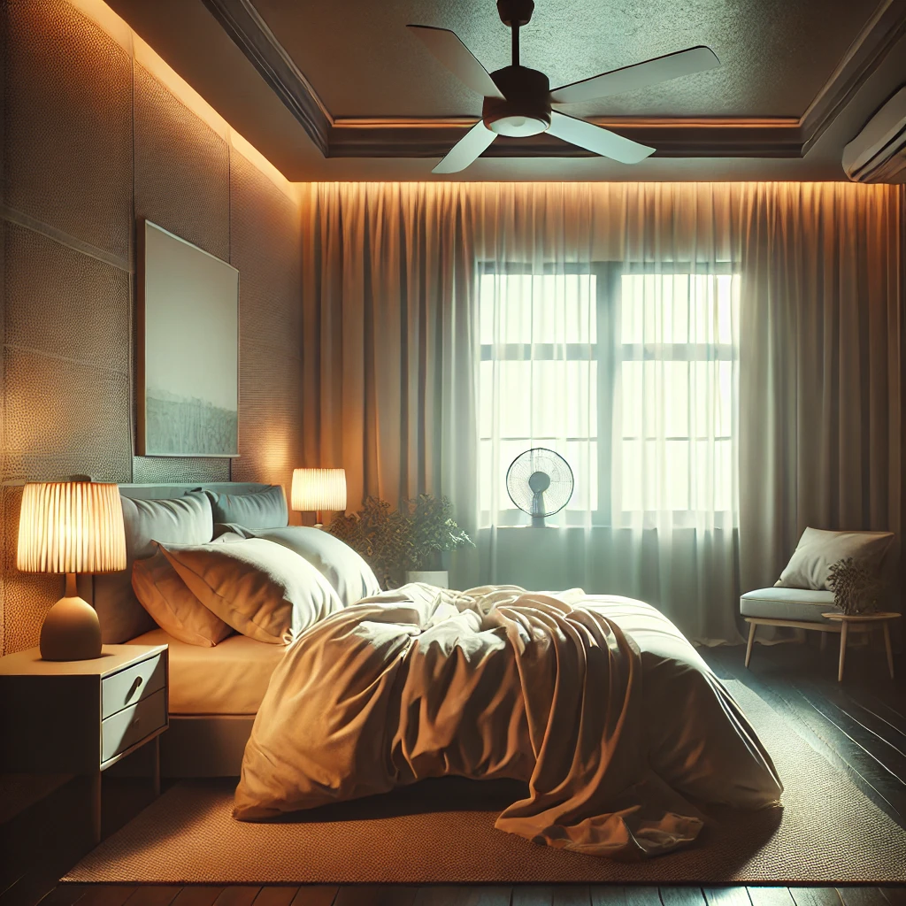 a bedroom with a fan and a bed
