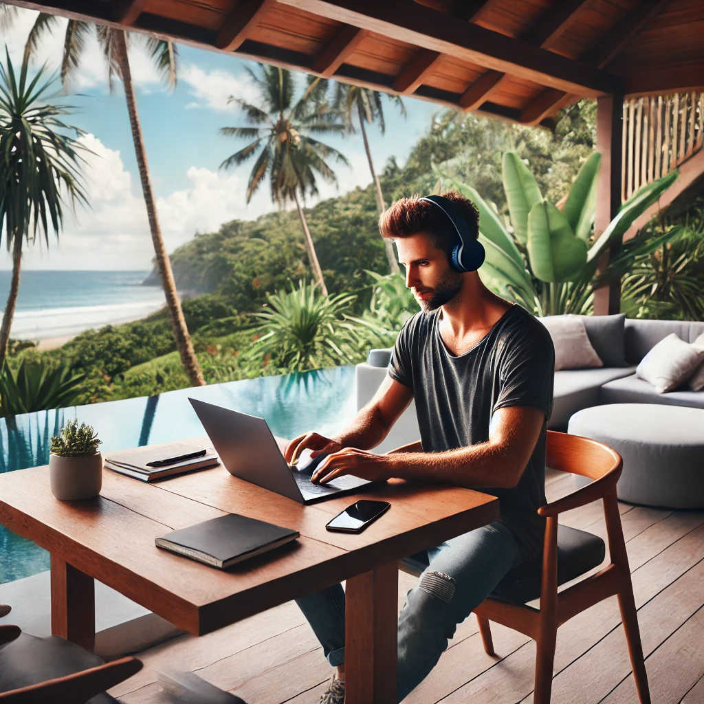 기술에 정통한 30대 남성이 고요한 열대 지역에서 디지털 유목민으로 성공하는 모습입니다