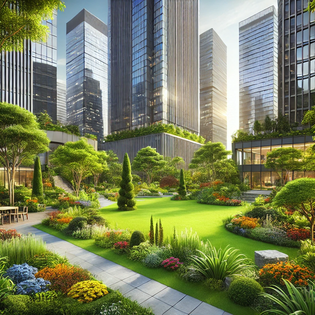 빌딩 사이에 조성 된 조경물들