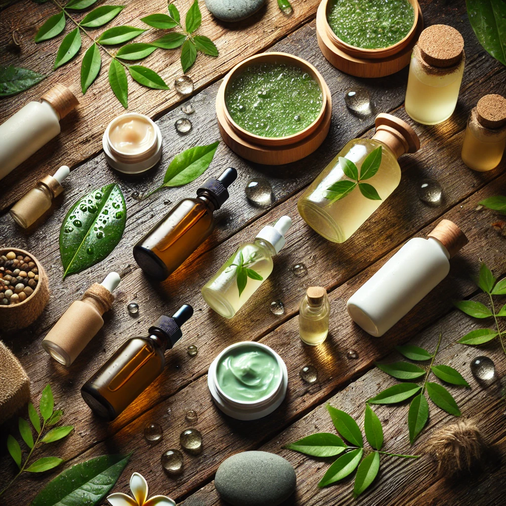 나무 표면에 나뭇잎, 돌, 물방울과 같은 자연 요소가 포함된 유기농 스킨케어 제품의 평면 이미지