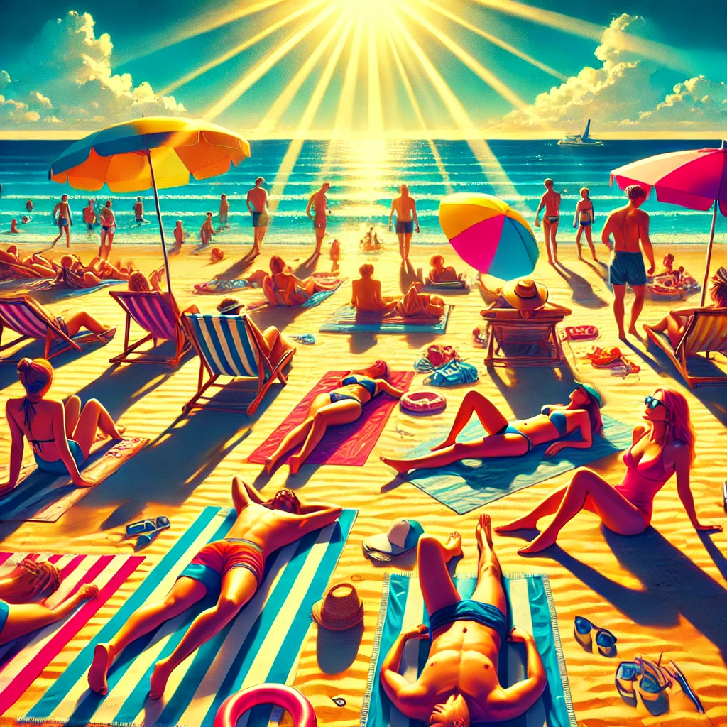 해변가에서 선텐하는 사람들