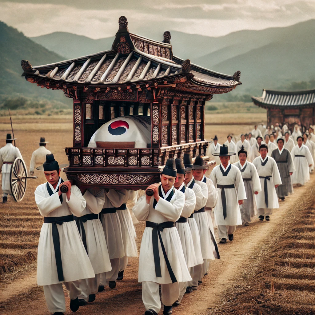 한국의 전통 장례인 상여을 옮기는 사람들