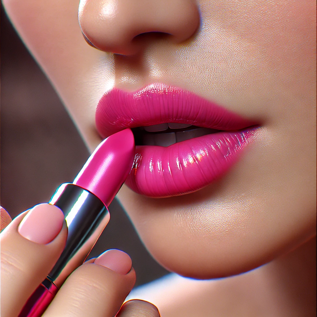 촉촉한 핑크색 립스틱 바르는 여성