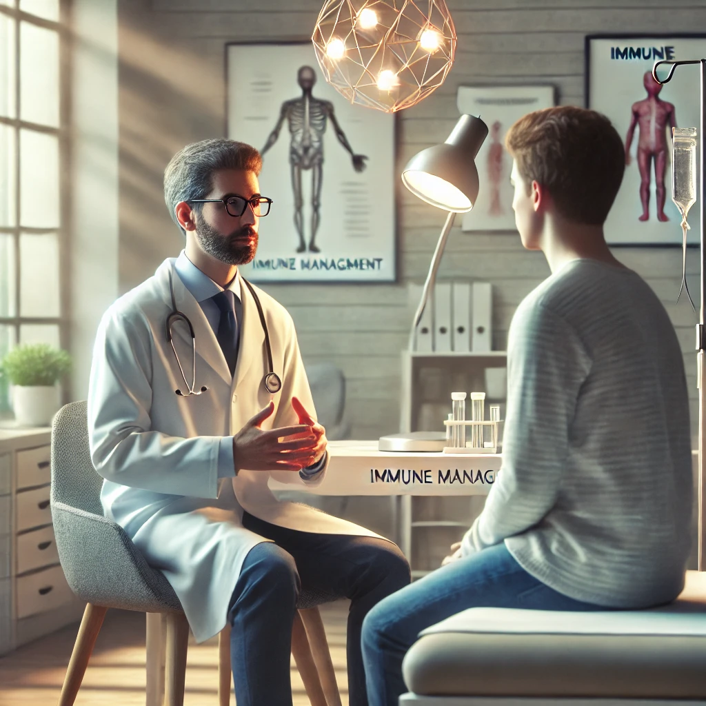 병원 진료실에서 의사가 환자와 기능성 식품에 중점을 두고 상담하는 모습