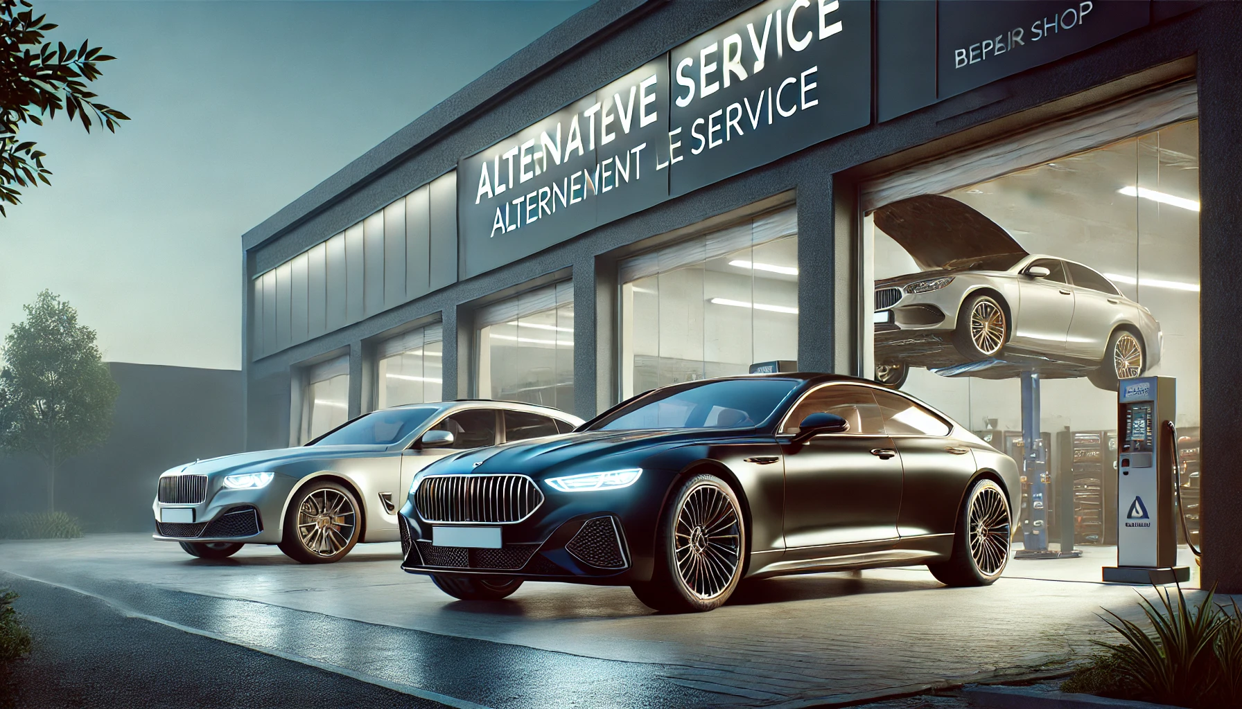 수리소 앞에 고급 차량이 들어가고, 옆에는 대체 차량으로 제공된 비슷한 등급의 차량이 준비된 모습