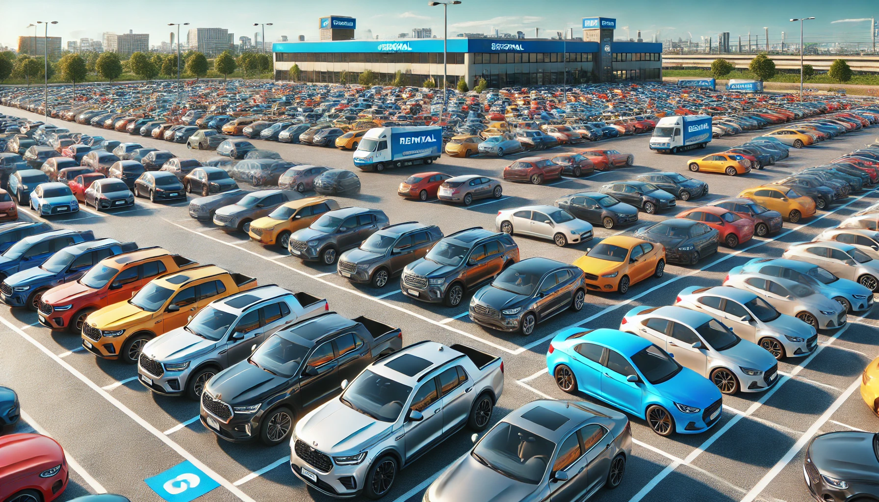 다양한 렌터카 선택 - 주차장에서 다양한 차량을 배경으로 한 이미지, 선택의 폭을 강조.