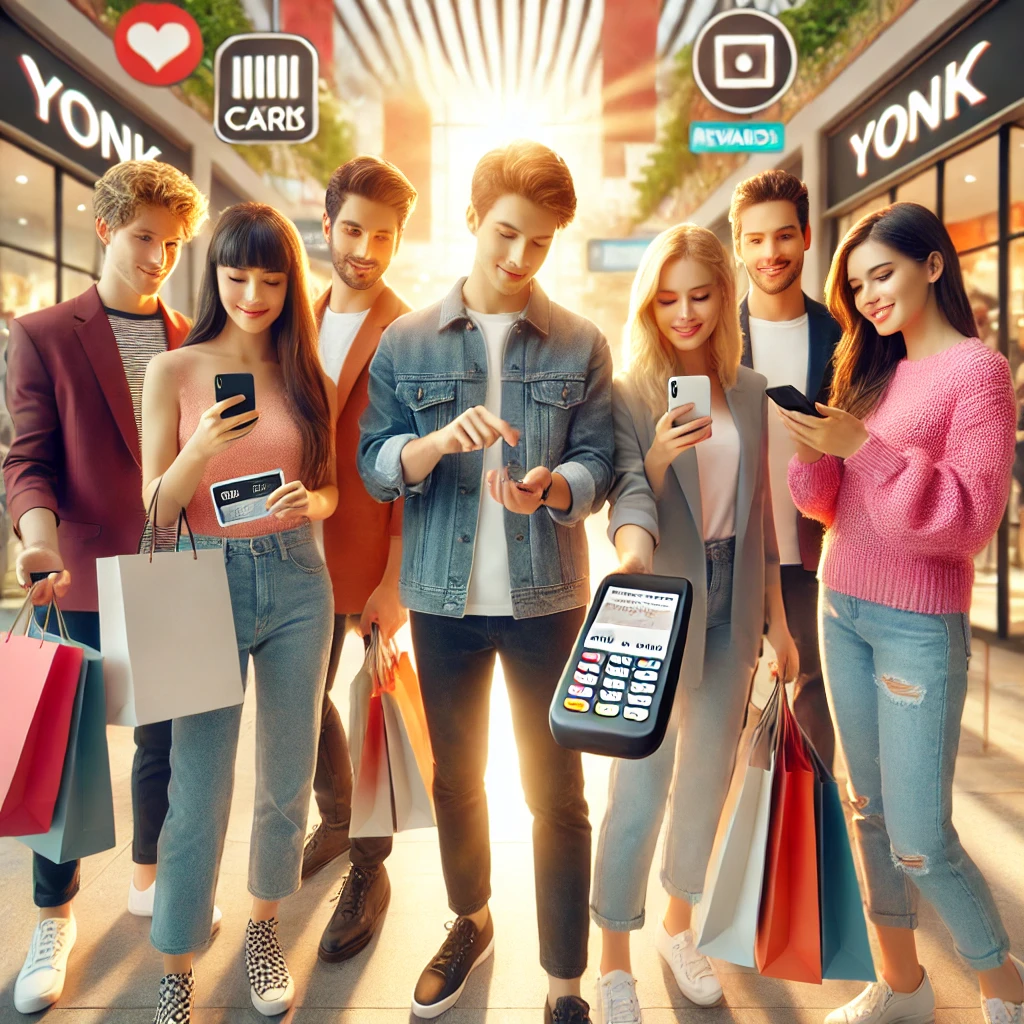 YONO 리워드로 체크카드를 쇼핑하고 사용하는 젊은이들