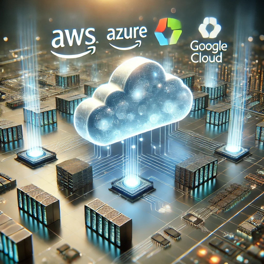 AWS, Azure, Google Cloud 로고가 함께 있는 클라우드 컴퓨팅 개념