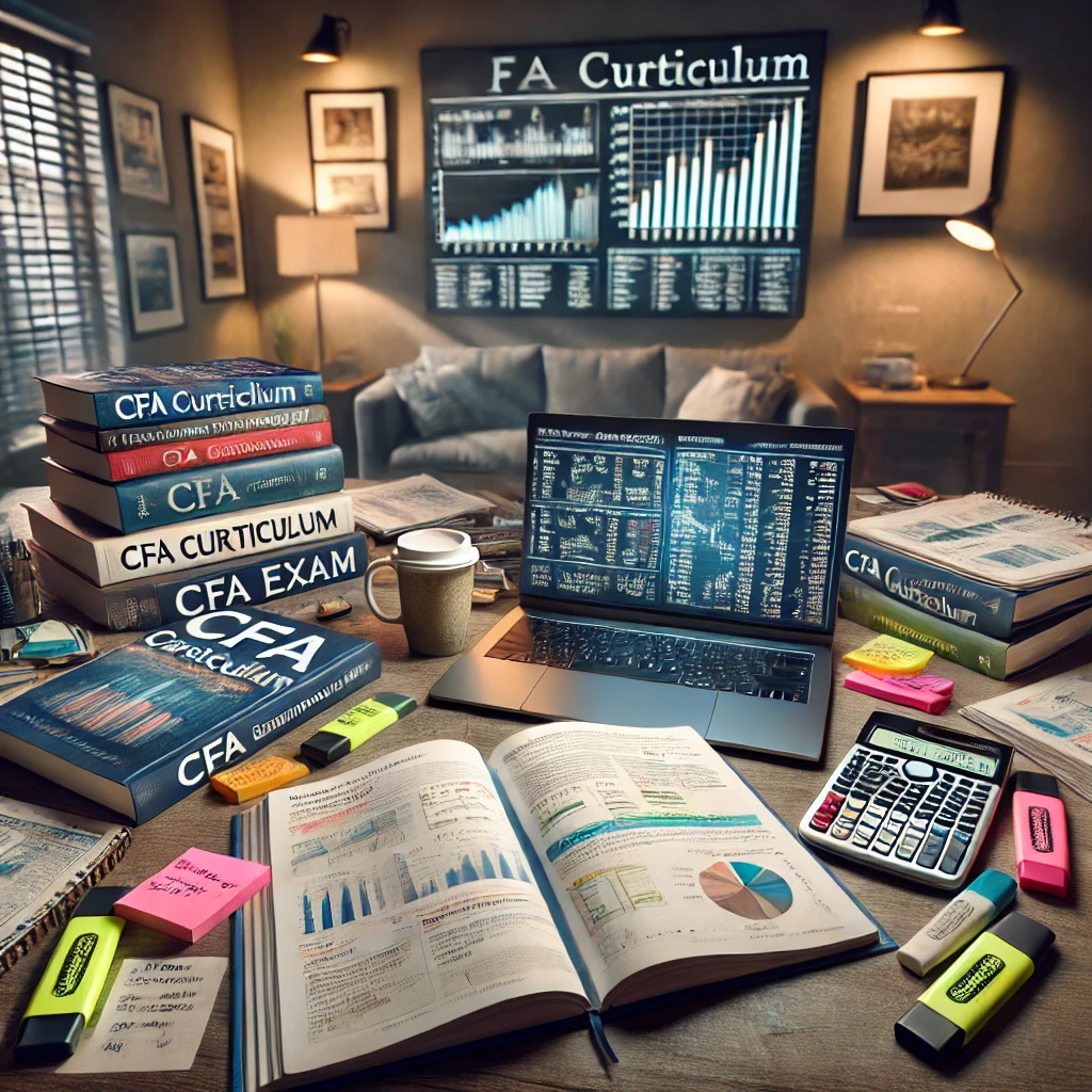 CFA 시험 준비를 상징하는 자료들과 함께 공부하는 모습의 이미지.