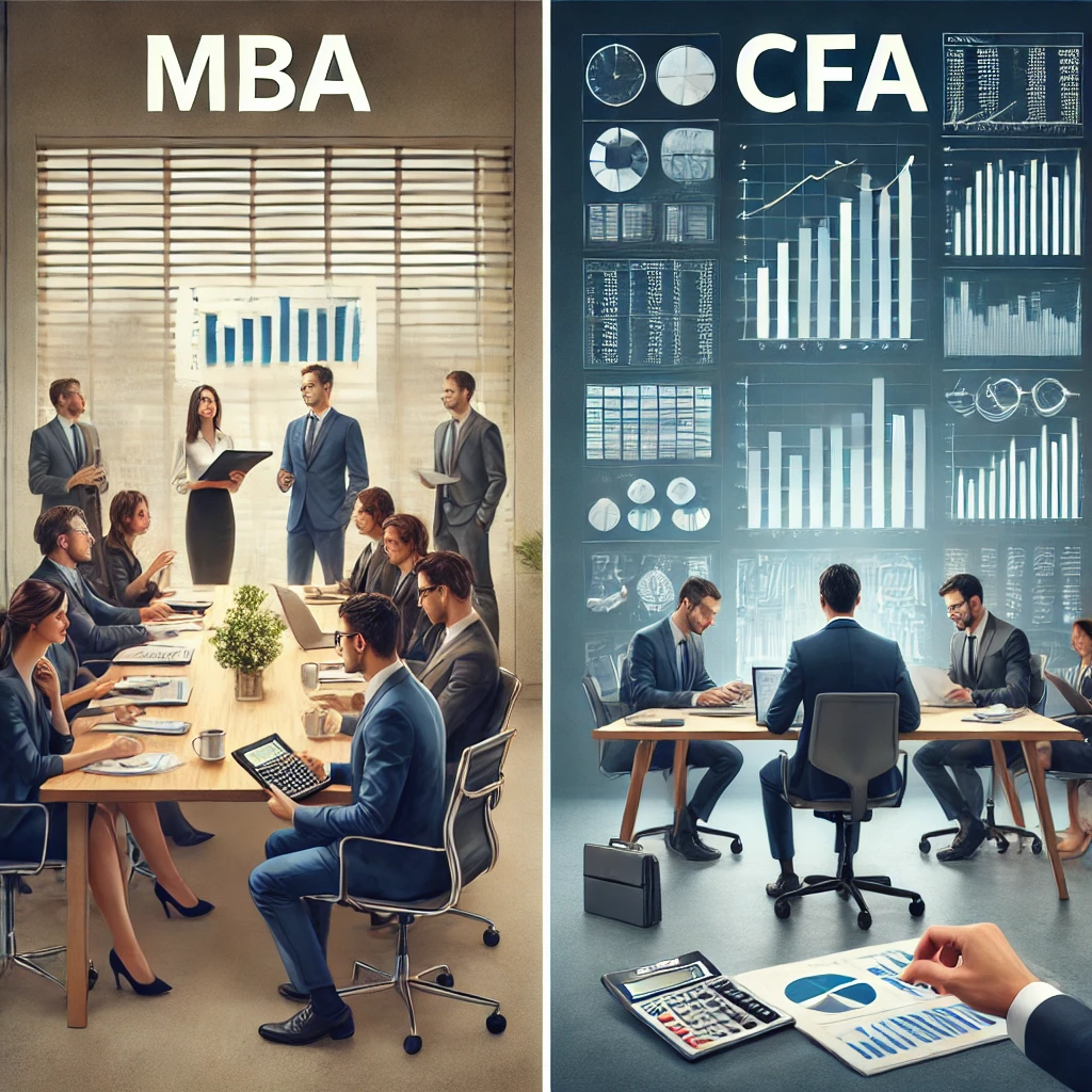 MBA와 CFA 자격증을 소지한 사람들이 각각의 직무에서 일하는 모습을 비교하여 보여주는 이미지