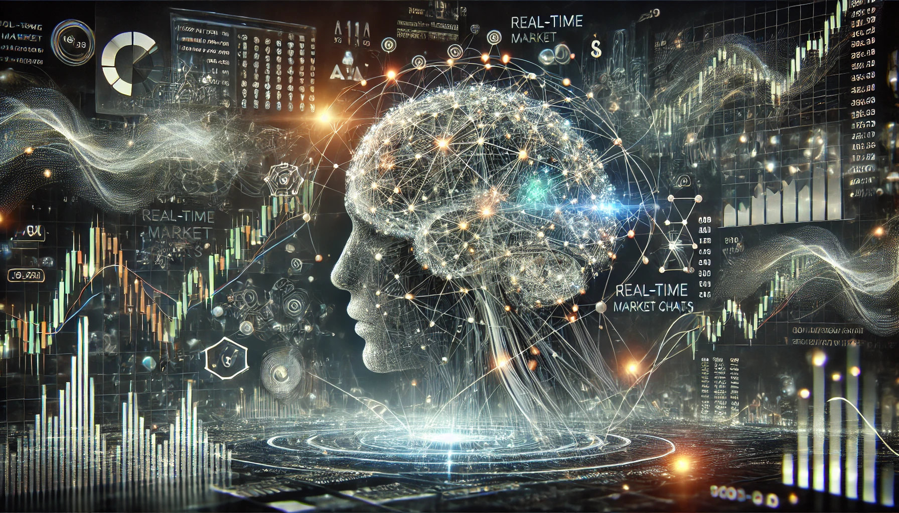 신경망과 시장 차트가 떠다니는 금융 데이터와 상호 작용하는 AI의 개념적 이미지