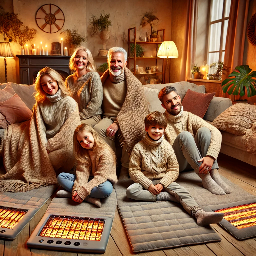 거실에서 다양한 겨울 매트로 따뜻함을 즐기는 가족의 화목한 장면
