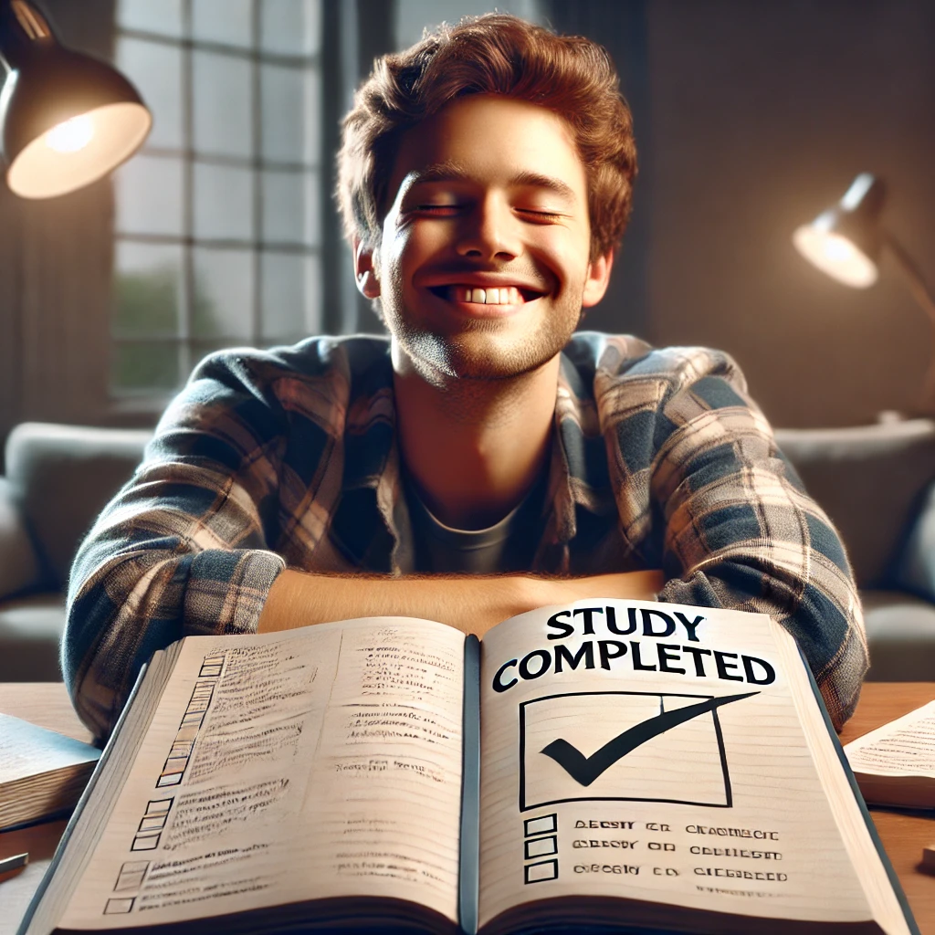 달성과 성취감을 느끼는 학생, "공부 완료" 체크 표시가 있는 노트.