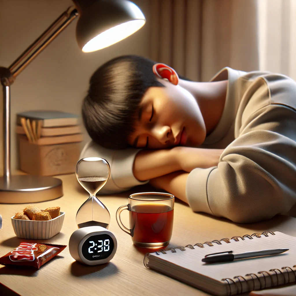 파워냅을 취하는 학생, 간식과 차가 놓인 책상, 포모도로 타이머를 사용 중인 모습.