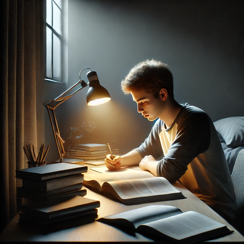 어두운 방에서 조명이 켜진 책상에 앉아 공부하는 학생의 모습