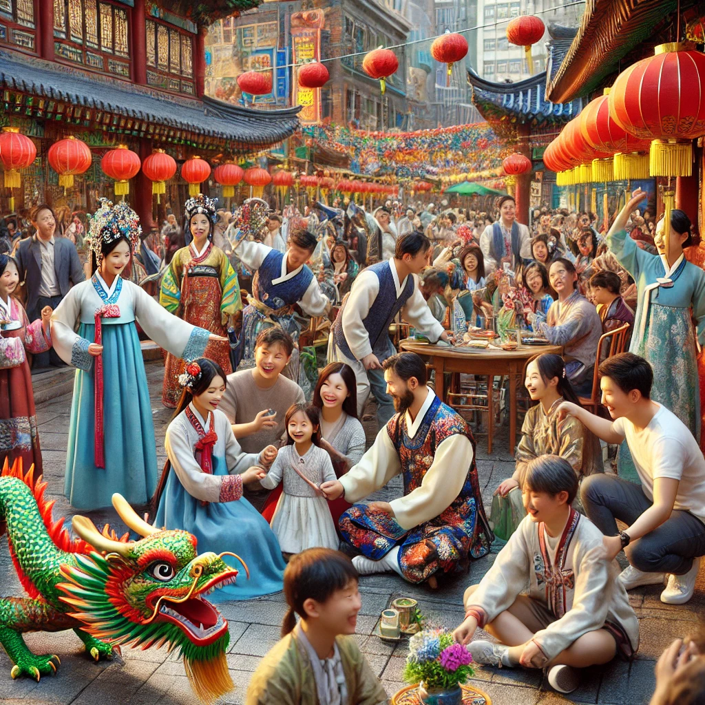 한국과 중국의 문화 교류 행사에서 전통 의상을 입은 참여자들