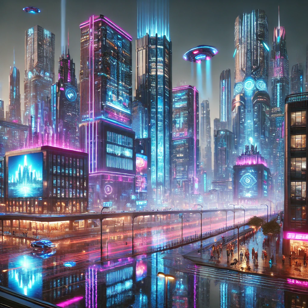 네온 불빛이 물에 반사되는 미래 도시의 밤