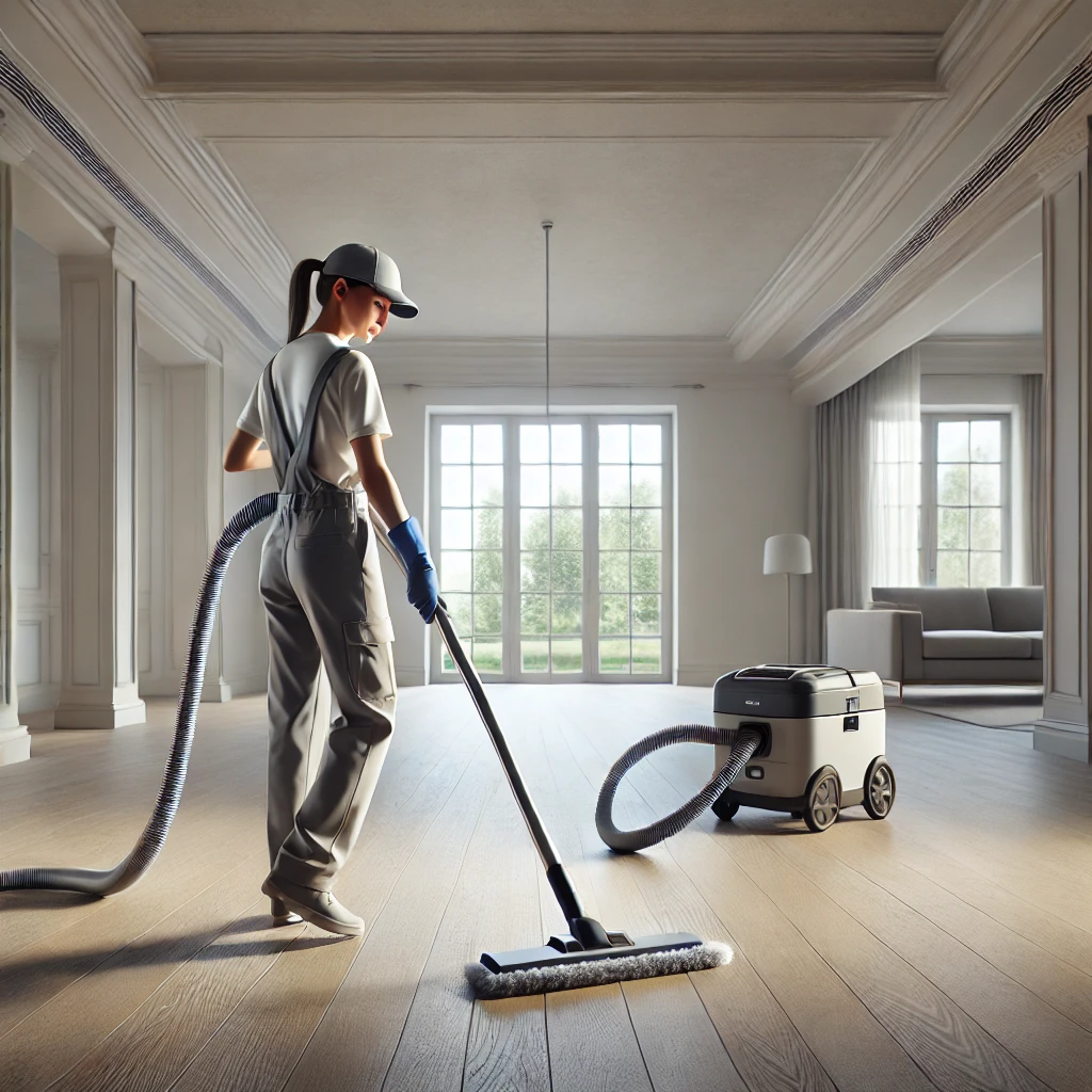 빈 집 구석구석 먼지를 제거하고 있는 청소업체 직원