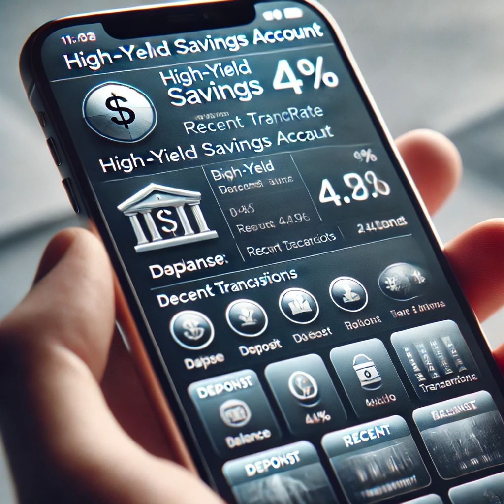 4% 이자율의 고수익 저축 계좌와 예금 및 인출 옵션을 보여주는 모바일 뱅킹 앱 화면의 클로즈업 보기