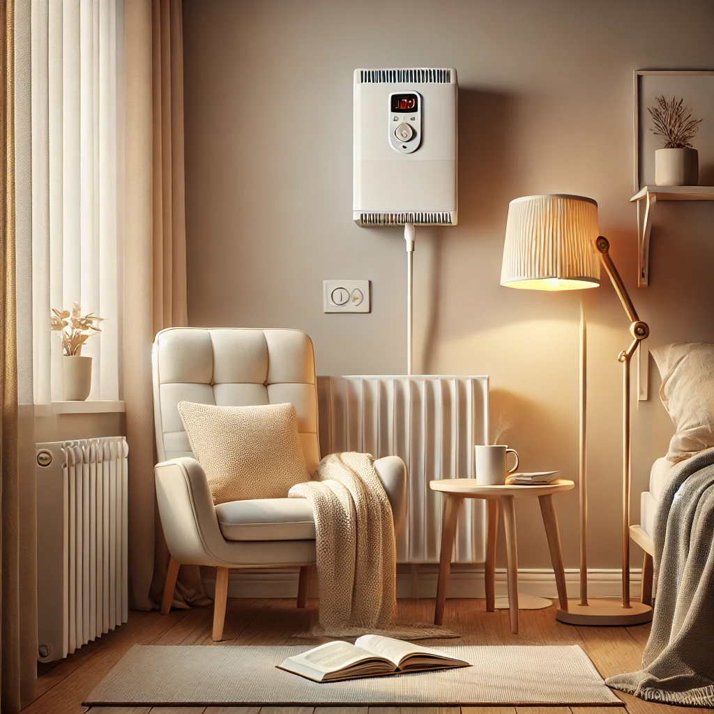 커튼과 가구로부터 안전한 거리를 두고 벽에 전기 히터가 설치된 아늑한 방을 묘사