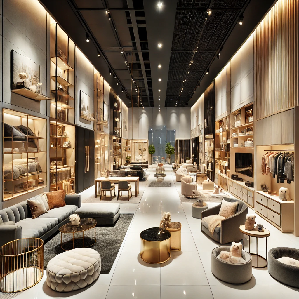 신축 아파트의 다양한 가구 스타일을 보여주는 실내 전시 공간으로, 반려동물 인테리어와 프리미엄 가구 등이 전시