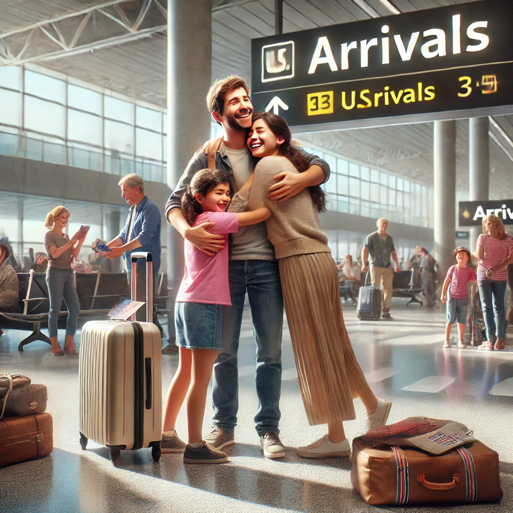 입국 심사를 재입국한 후 미국 공항에서 가족과 모임을 갖는 상황