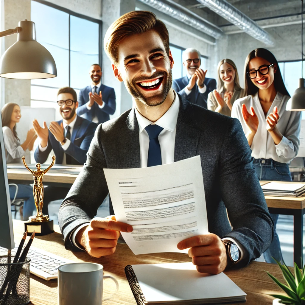 사무실에서 작은 성공을 축하하며 미소 짓는 직원