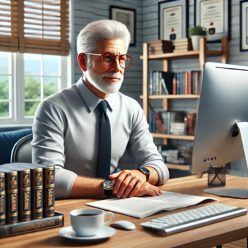 컴퓨터 앞에서 온라인 강의를 준비하는 노년의 전문가.