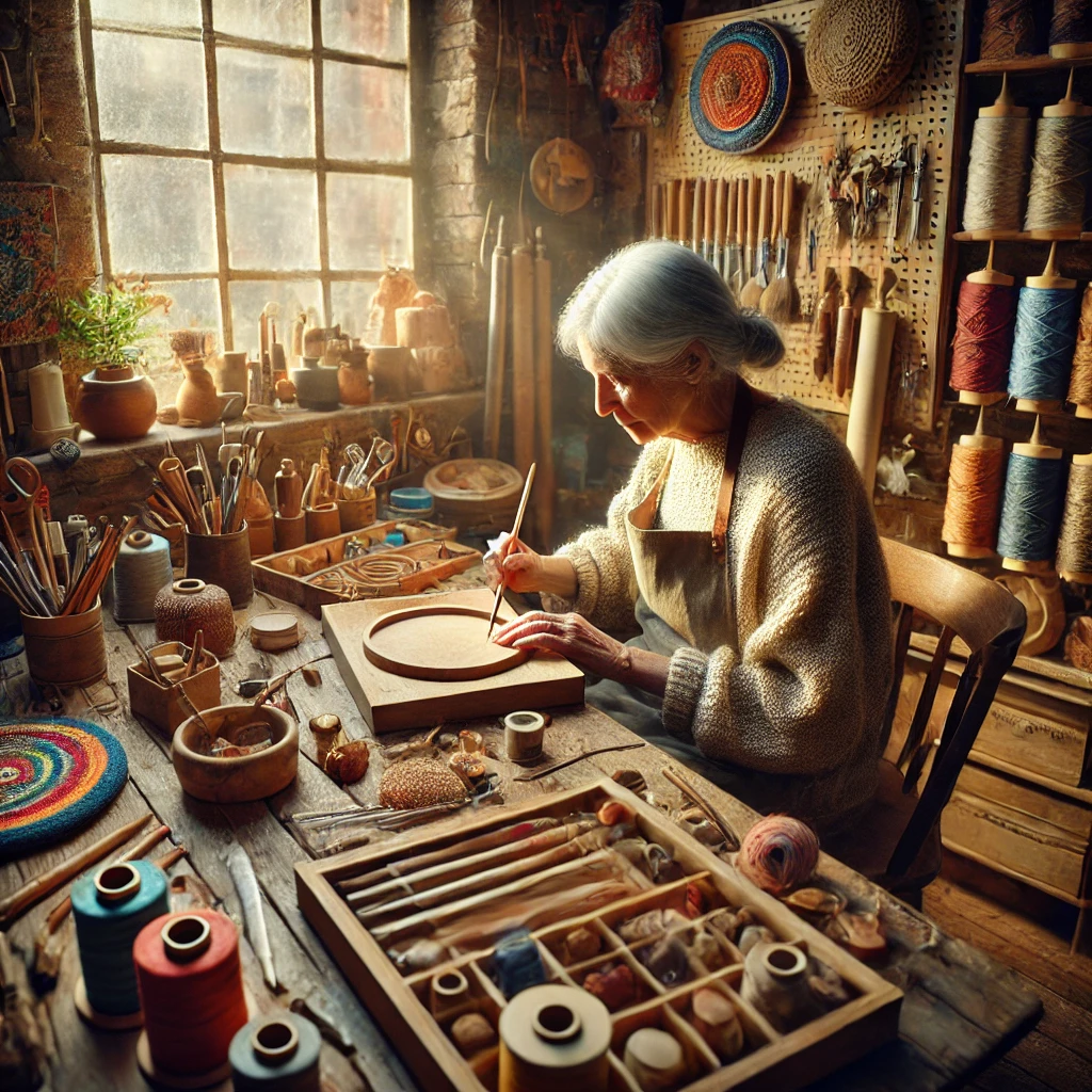 손재주 좋은 어르신이 정성스럽게 공예품을 만드는 작업 공간