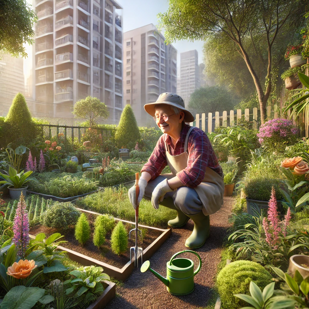 어르신이 도심 속 작은 정원에서 가드닝을 즐기는 모습.