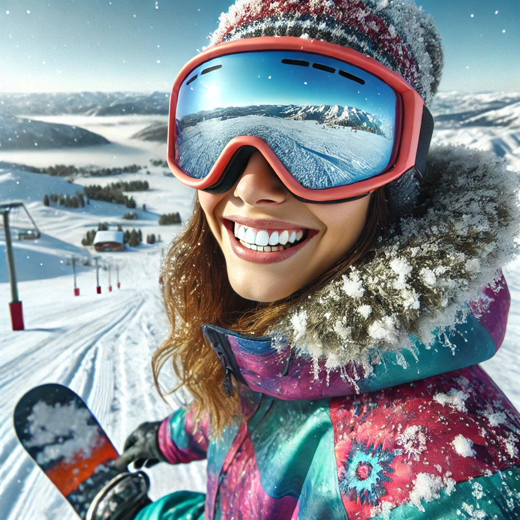 고글을 착용한 스노보더가 눈밭에서 웃고 있는 장면.