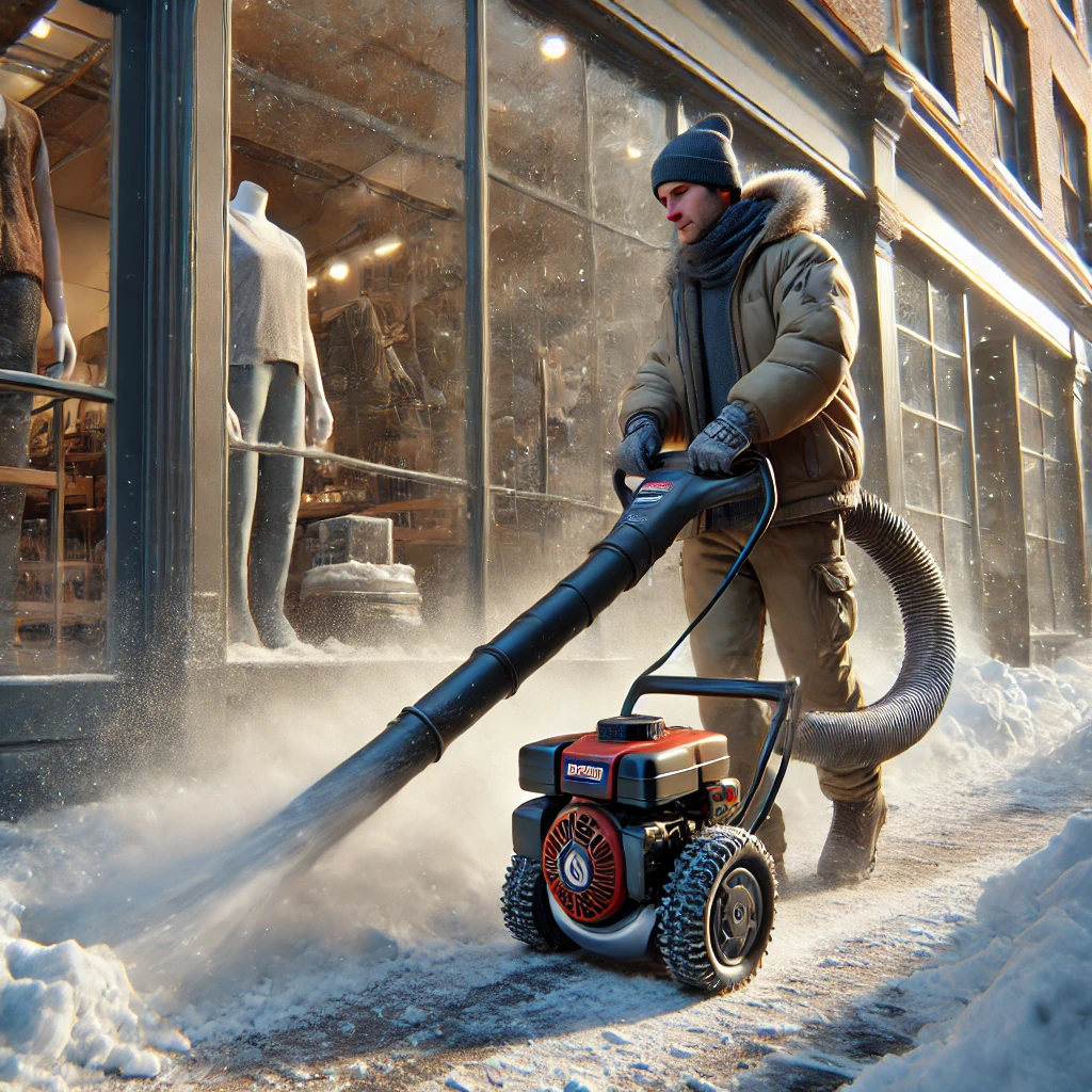 송풍기로 점포 앞에 눈을 날리는 이미지