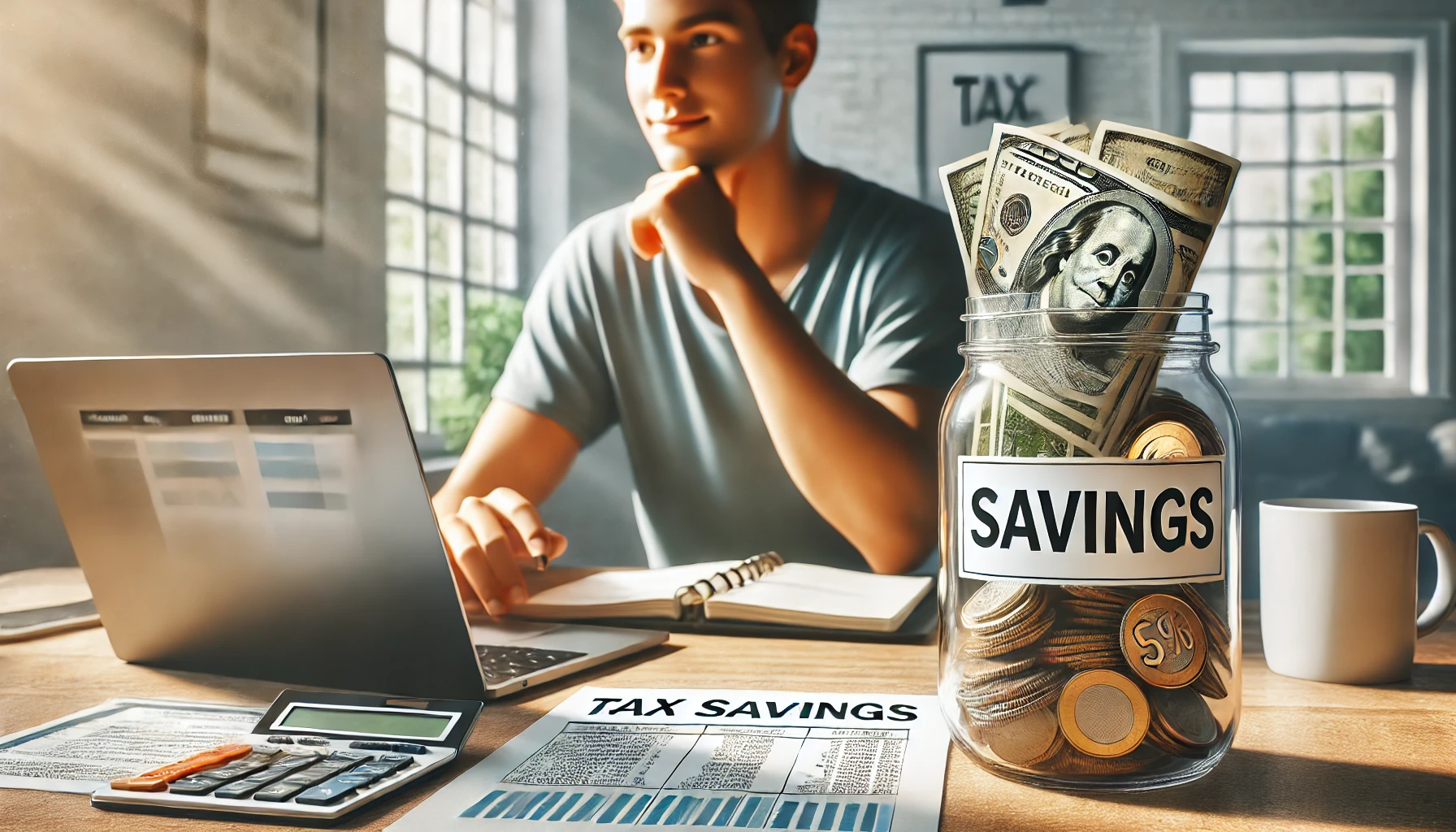 공제된 세금을 활용해 저축하는 사람: 세금 공제로 여유 자금을 활용해 미래를 계획하는 모습.