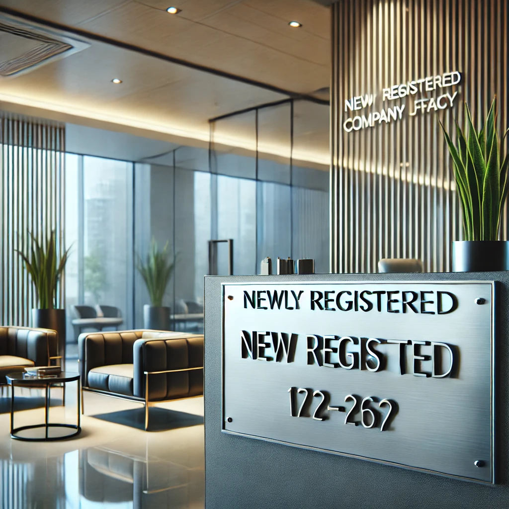 새로 등록된 회사 명패가 놓인 사무실 로비