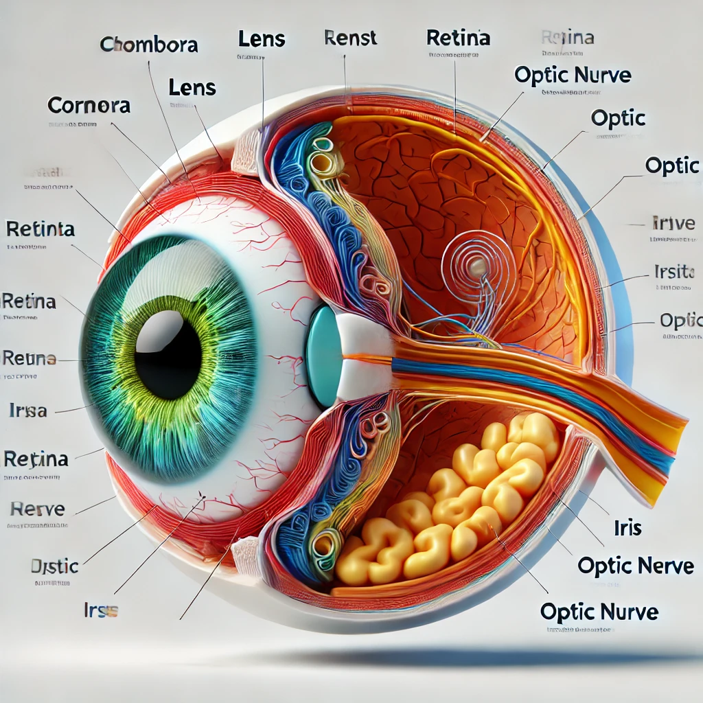 안구의 단면도 또는 눈 구조를 설명하는 3D 일러스트레이션