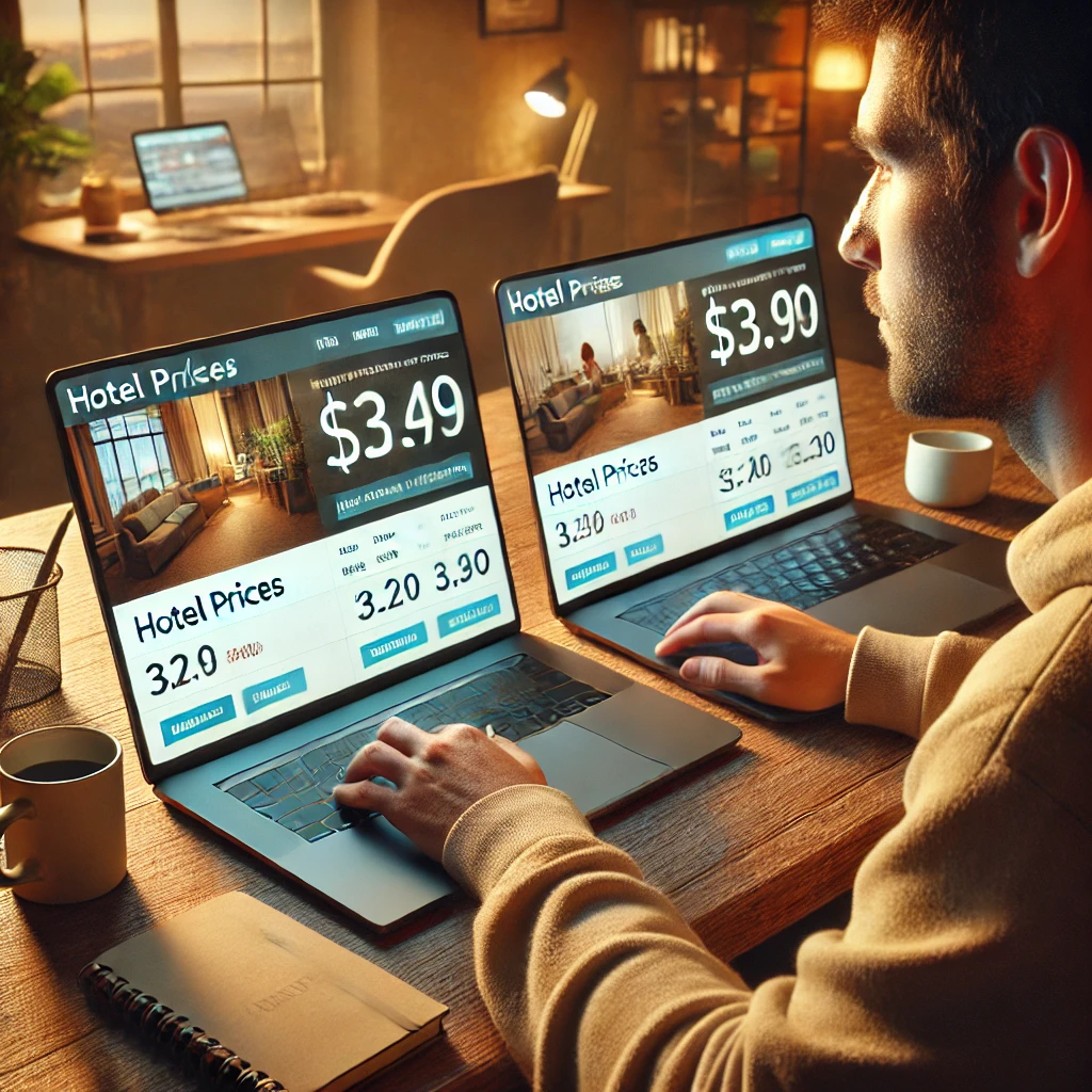 두 대의 노트북으로 가격을 비교하며 호텔 예약 할인 코드로 절약하는 모습을 강조한 장면