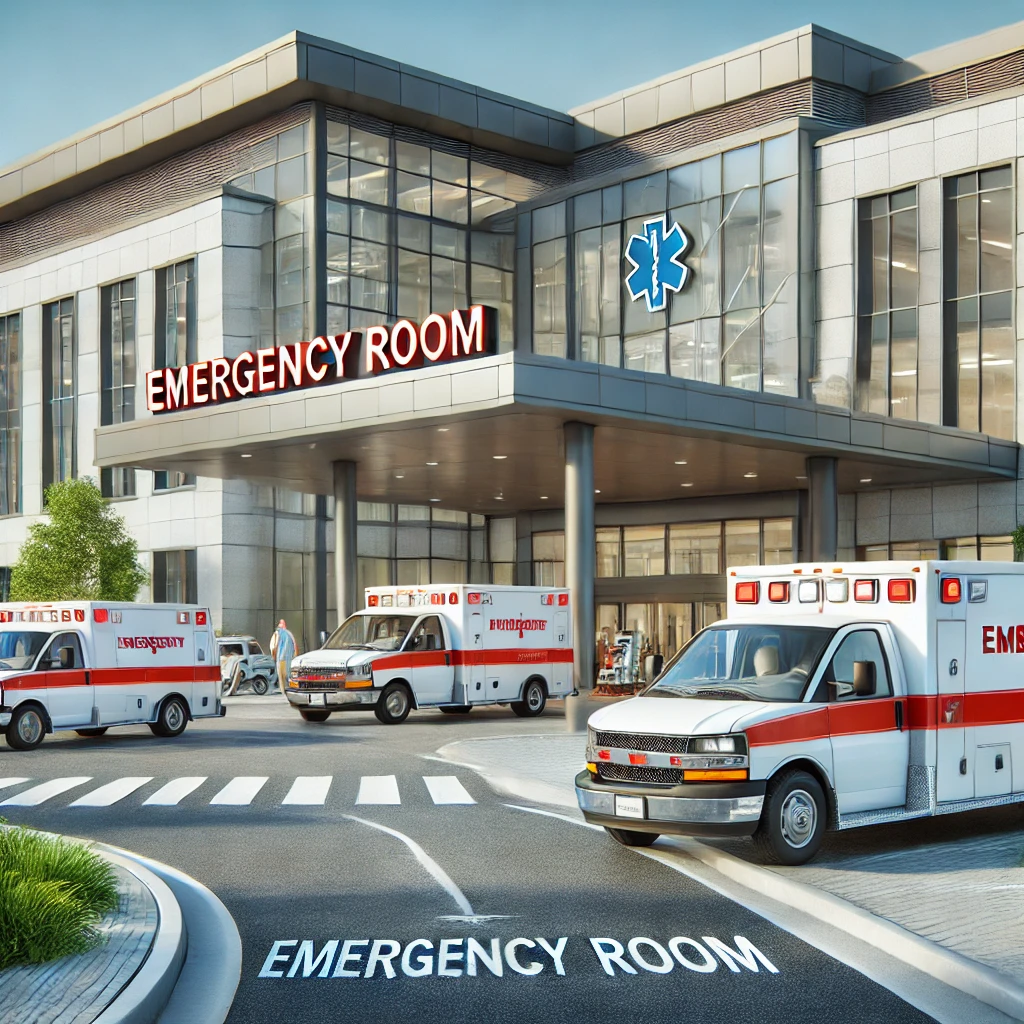 병원 외관 전경, 응급실 입구와 구급차가 대기
