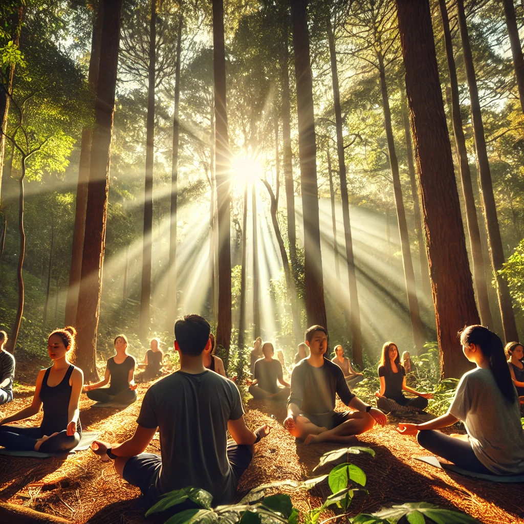 숲속 하이킹 후 명상을 즐기는 참가자들
