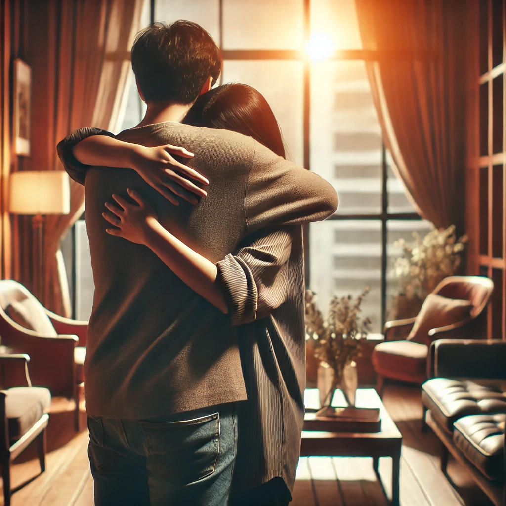 갈등 후 화해하며 서로를 포옹하는 두 사람