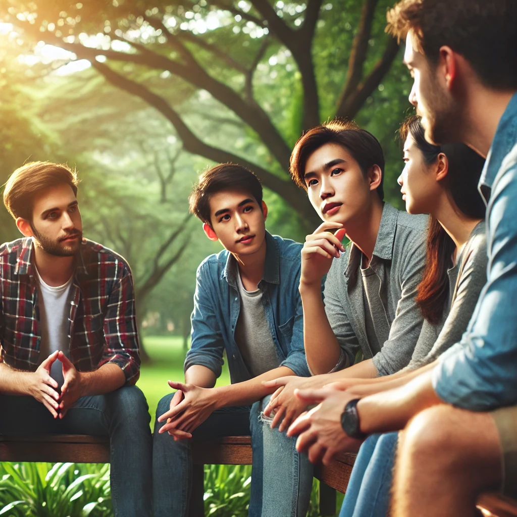 친구들이 공원 벤치에서 진지하게 대화를 나누는 장면
