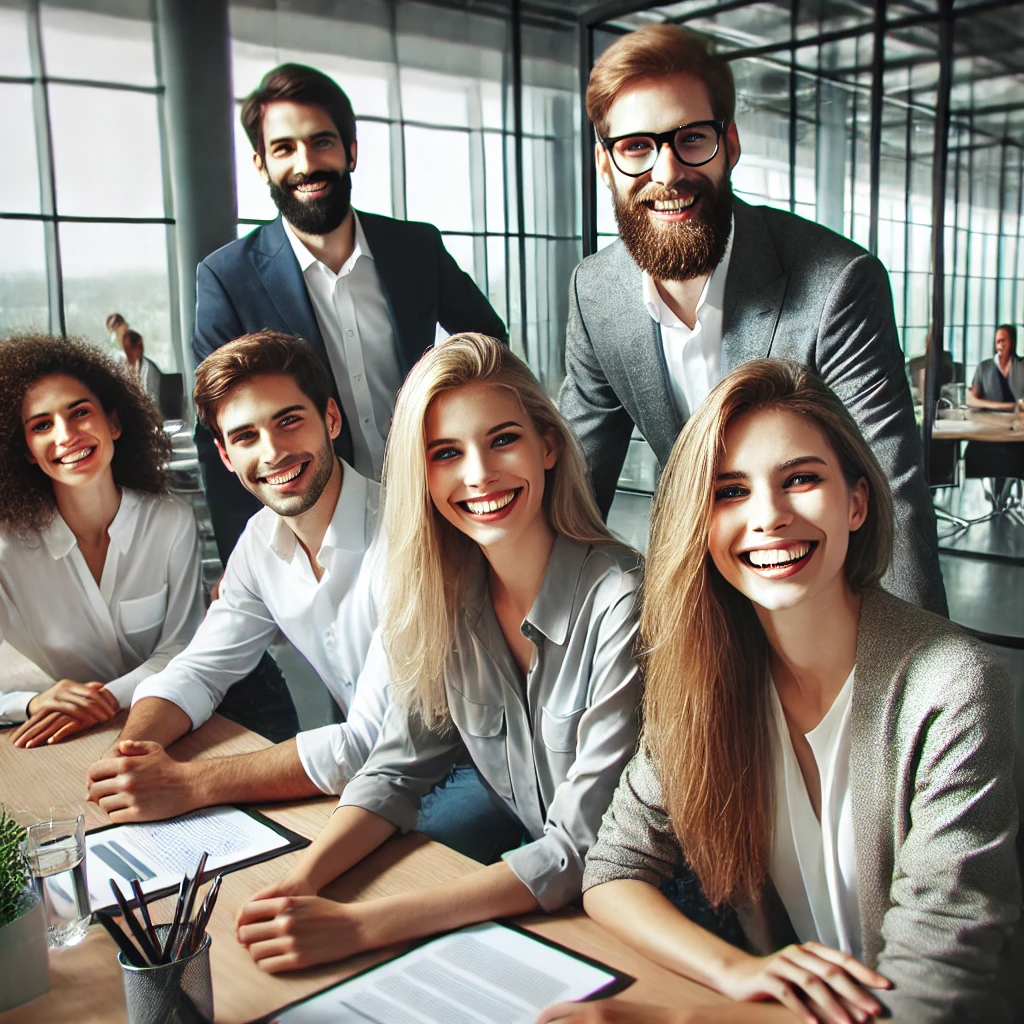 직장 동료들이 회의실에서 웃으며 협업하는 모습