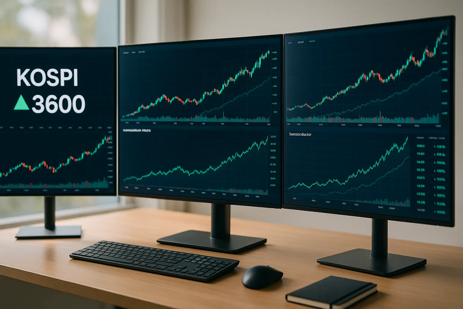 KOSPI 지수 3600, 반도체 주식 차트 상승, 깨끗한 트레이딩 데스크