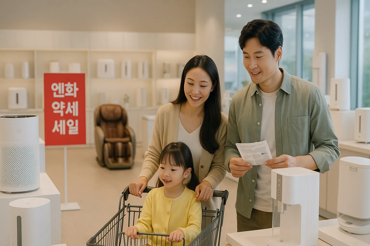 👉 엔화 약세 시기 일본산 완제품 가전 세일 중인 한국 가정의 구매 장면