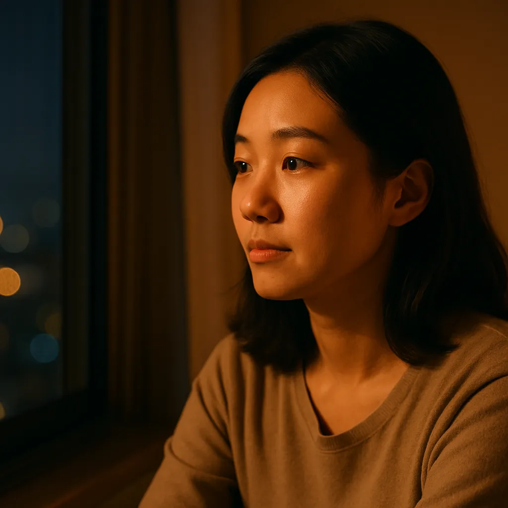 밤에 창가에 앉아 사려 깊은 표정으로 밖을 바라보고 있는 한 한국 여성