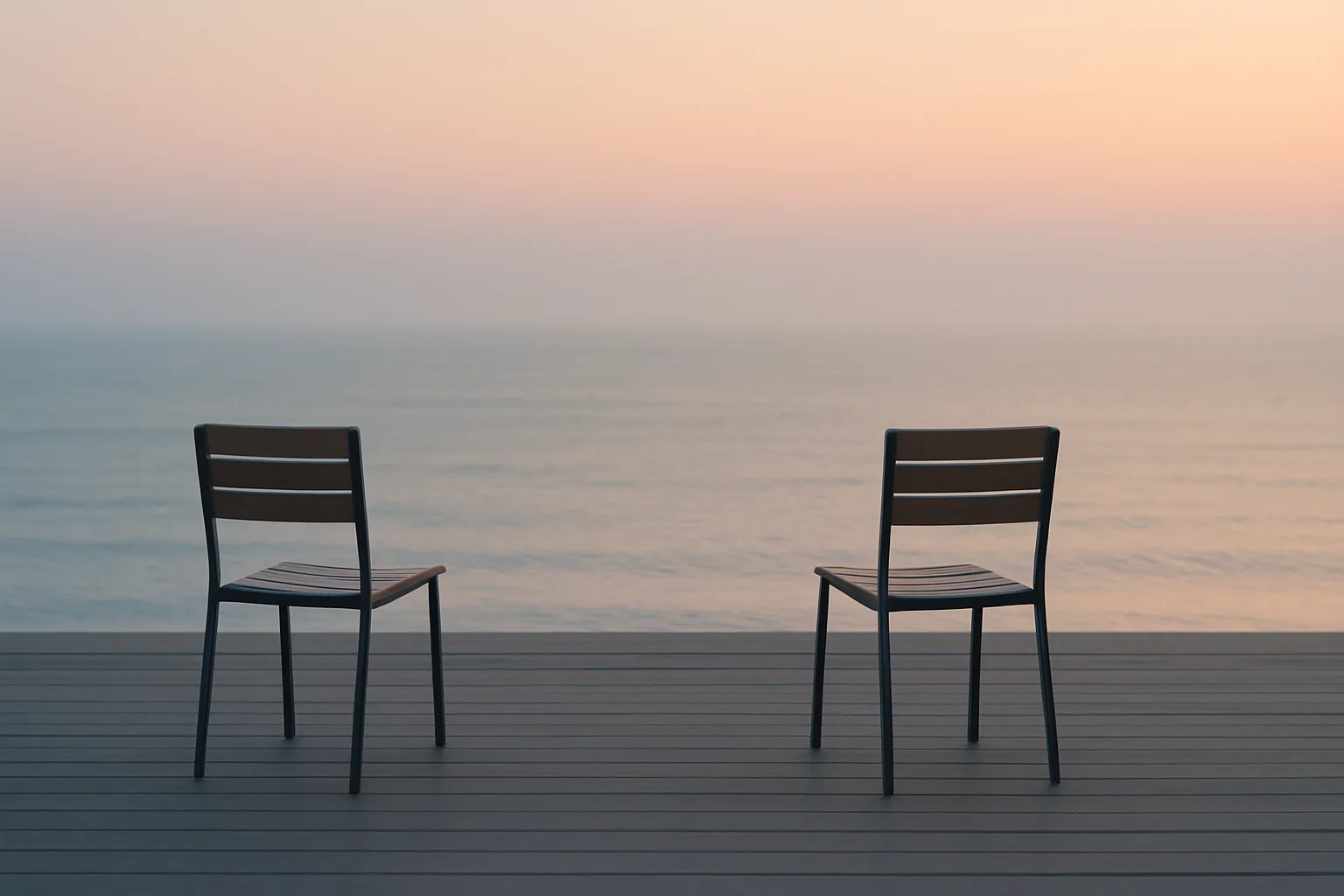 새벽의 조용한 해변 보드워크에서 두 의자가 같은 지평선을 향하고 있고, 그 사이에 약간의 공간