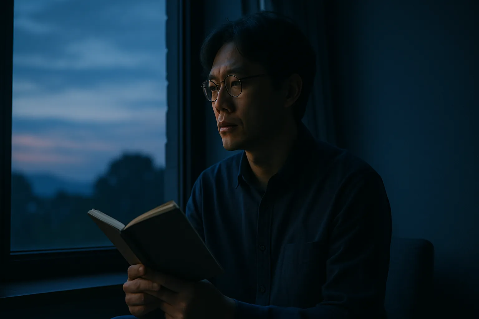 새벽에 창가에 앉아 깊은 생각에 잠긴 한국 성인