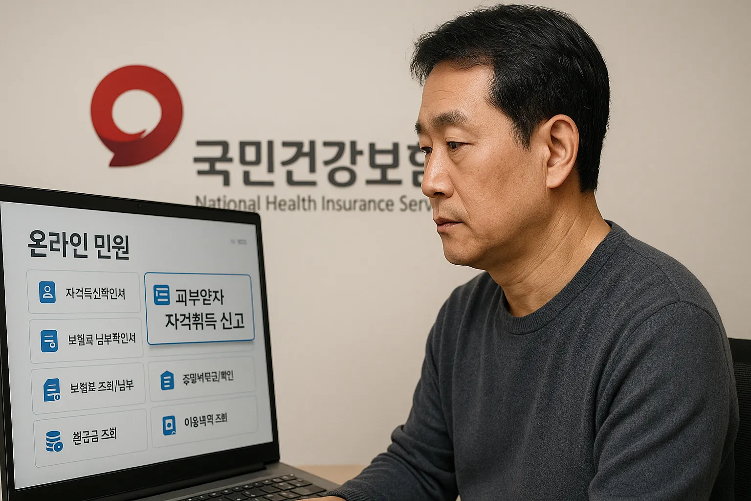 한국 국민건강보험로고 앞에서 온라인 민원 화면