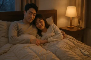 전기담요의 따스함을 느끼는 부부