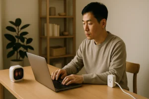 작은 공간 히터와 스마트 플러그가 있는 책상에서 일하는 한국 성인