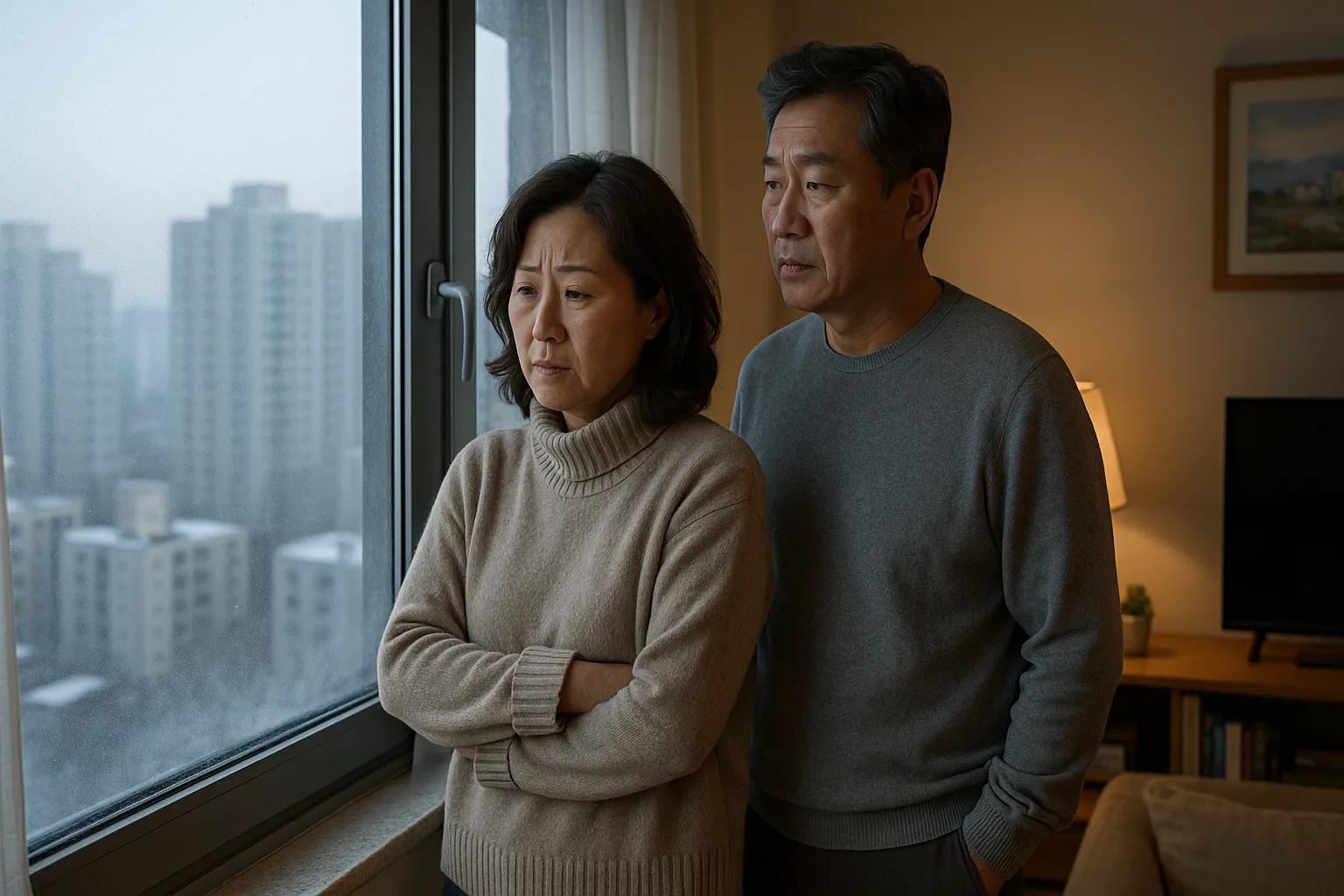 겨울철 서울 아파트 실내에서 창문 가까이에 서 있는 중년 부부